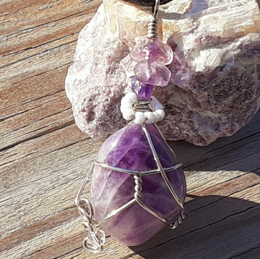 Boho Chevron Amethyst Crystal Pendant Necklace
